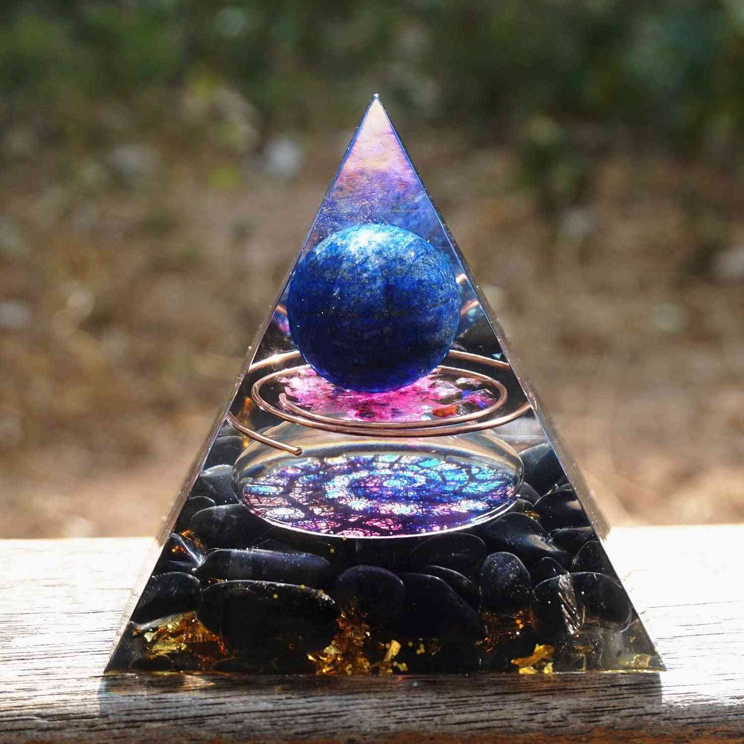 Käsintehty lapis lazuli -pallo - obsidiaani-orgonipyramidi