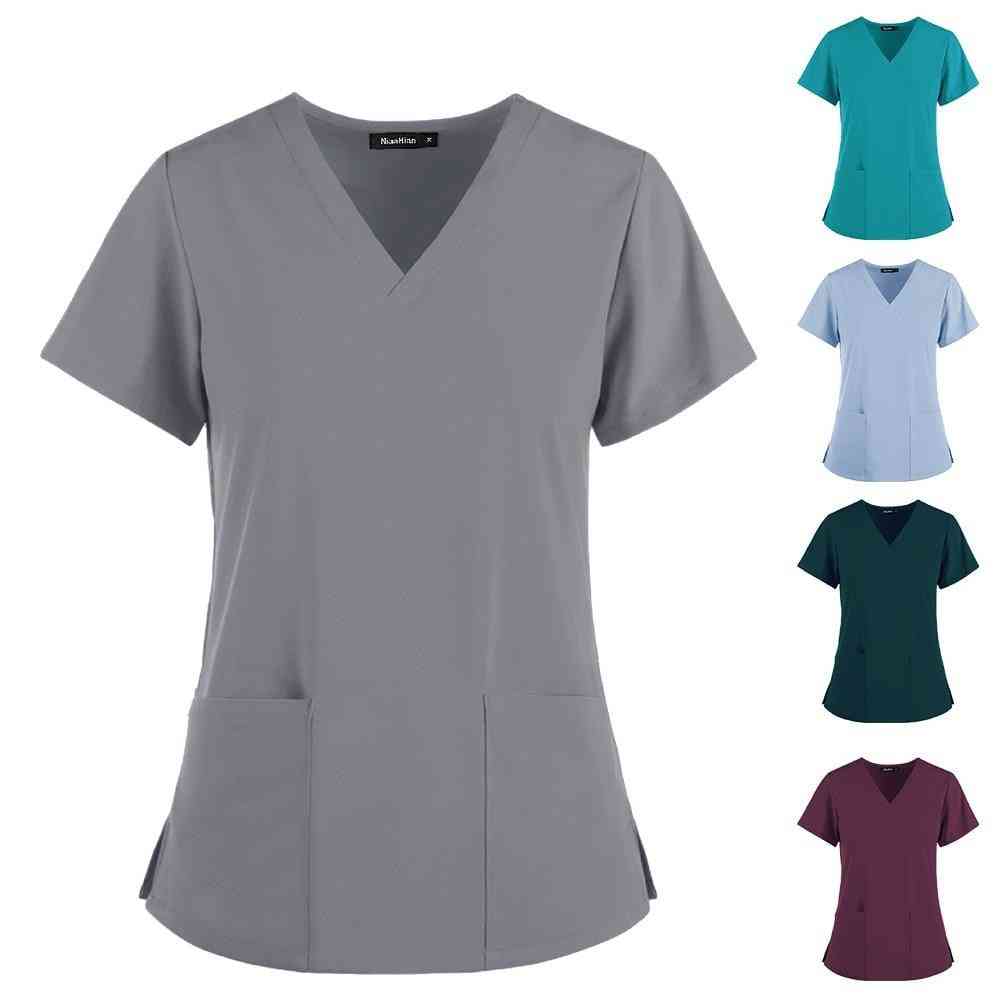 Women's Short Sleeve V-neck Pocket Care T-shirt Tops Summer Workwear Tops