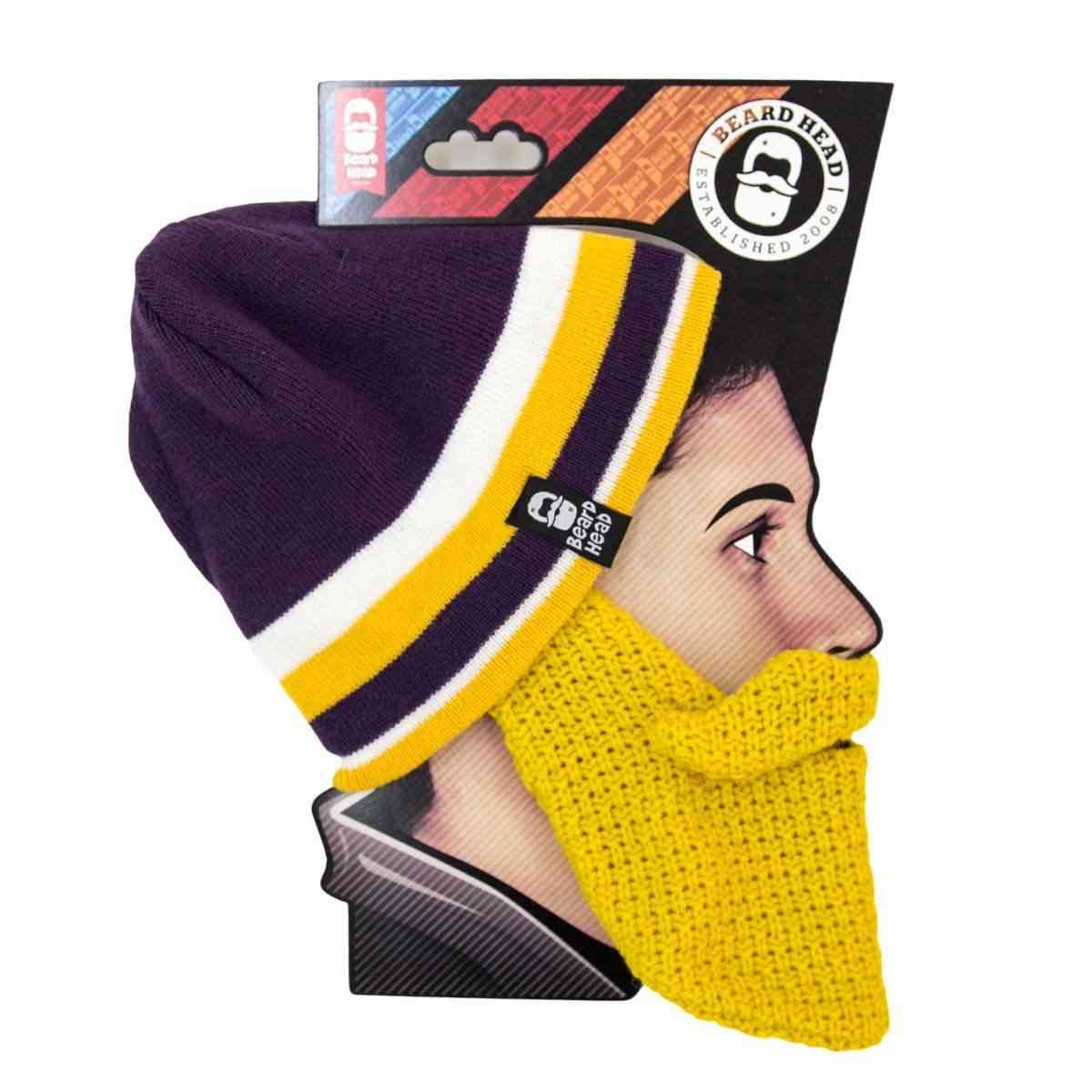 Purple And Yellow Striped Beanie W/ Classic Beard Face Mask