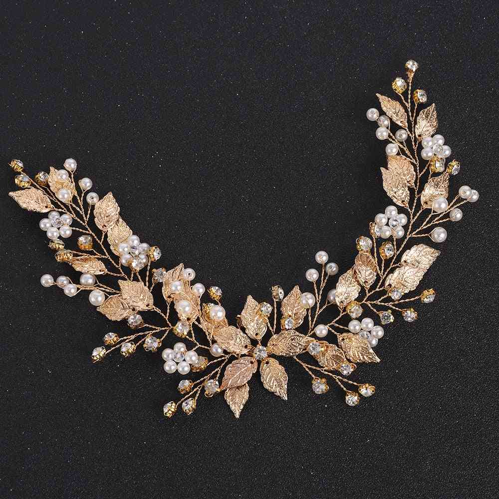 Gold Leaves Crystal Pearls Bride Headband