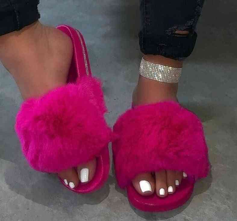 Women House Slippers Warm Faux Fur Cross Soft Furry Open Slides Shoes