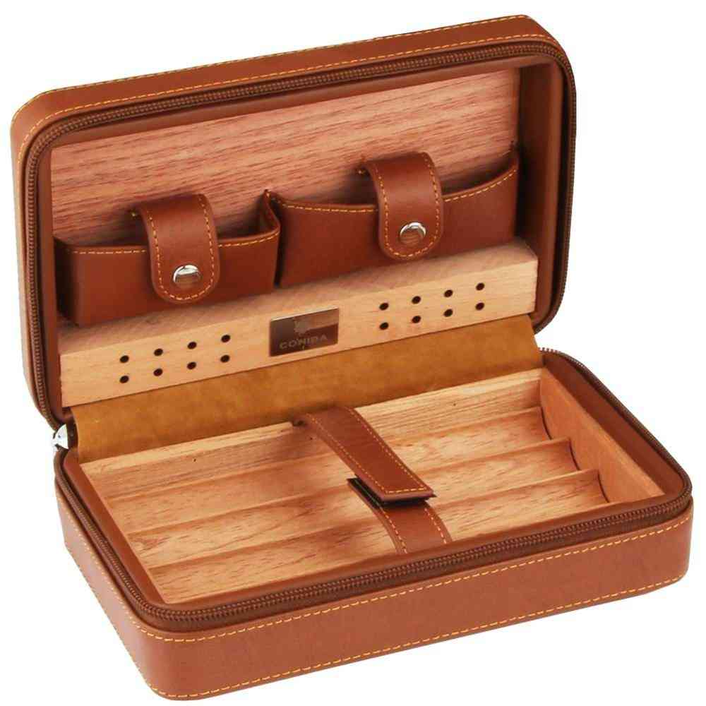 Wood Cigar Humidor Box Travel Leather Cigar Case