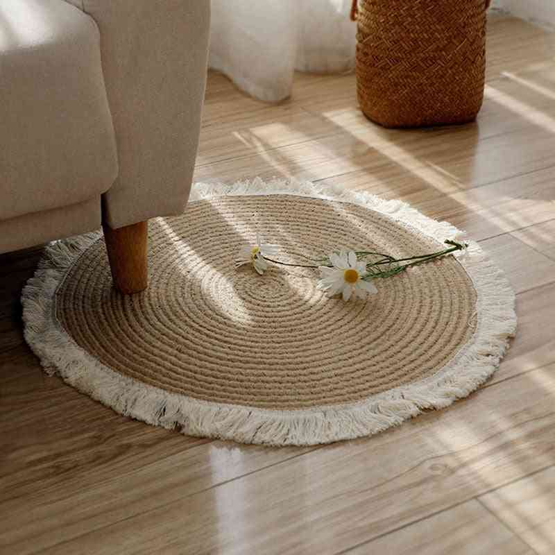 Round Woven Rugs Handmade Rattan Carpet With Tassel