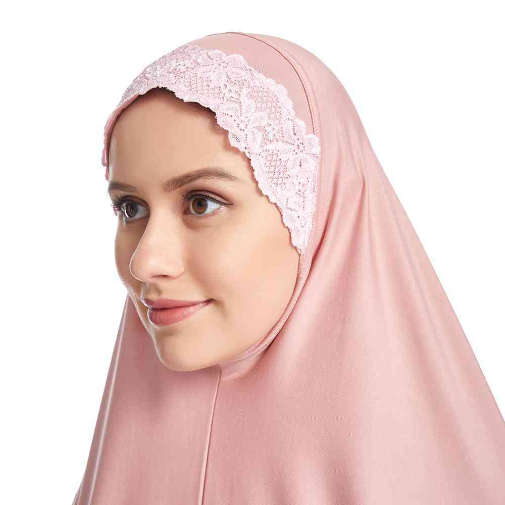 Women Muslim Prayer Long Khimar Lace Trim Veils Headcover Hijab