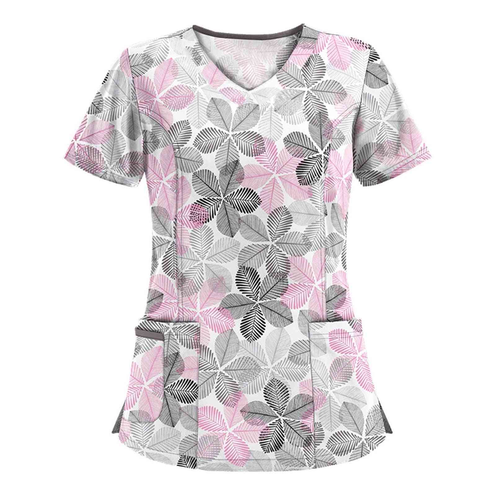 Floral Print- Scrubs Cartoon, Short Sleeve, Nurse Uniform, Scrubs Tops