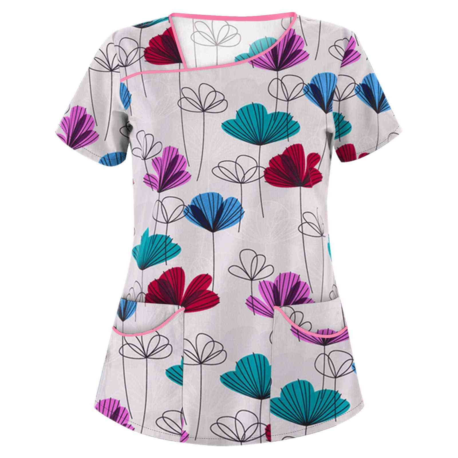 Flower Print- Short Sleeve, Nursing Blouse, Scrubs Tops Shirts