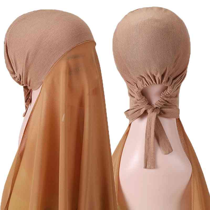 Bubble Solid Color Chiffon Hijab With Bonnet Elastic Rope