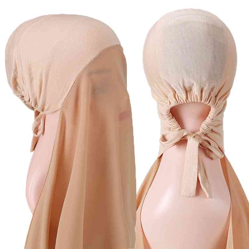 Bubble Solid Color Chiffon Hijab With Bonnet Elastic Rope