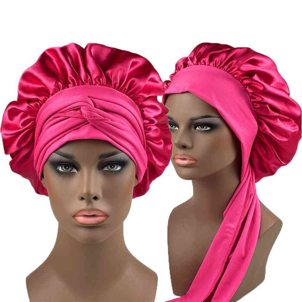 Satin Bonnet- Spandex Wide Stretchy, Band Long, Tail Night Cap