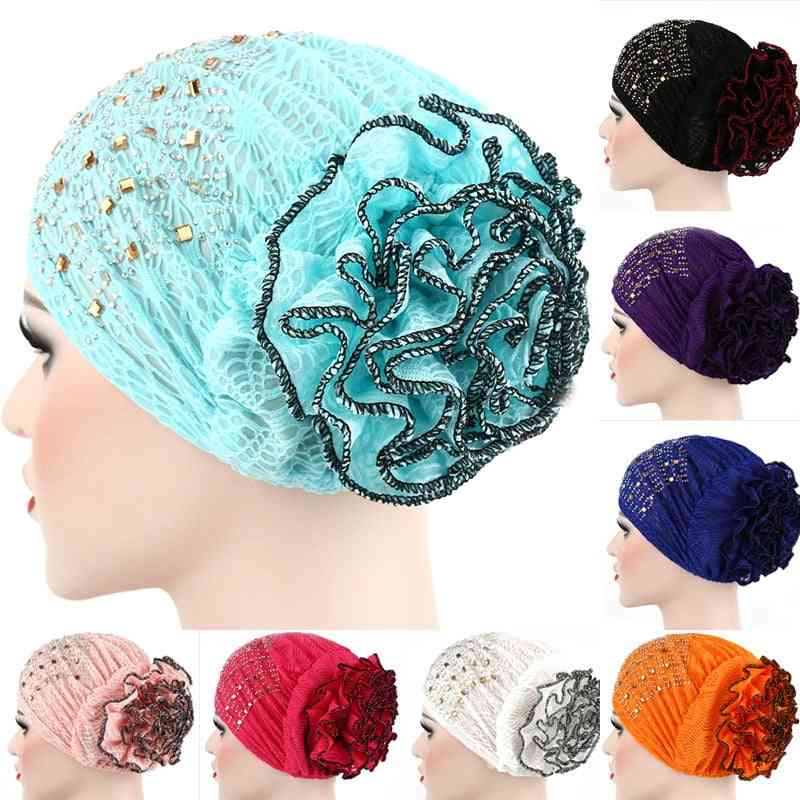 Diamond Solid Cotton Flowers Hijab Caps For Women