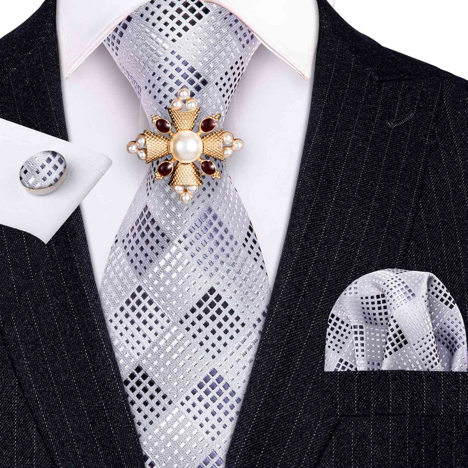 Gray Plaid Silk Tie Brooches Men Wedding Tie Hanky Set Barry.wang 8.5cm Fashion Designer Neckties For Men Party Geometric
