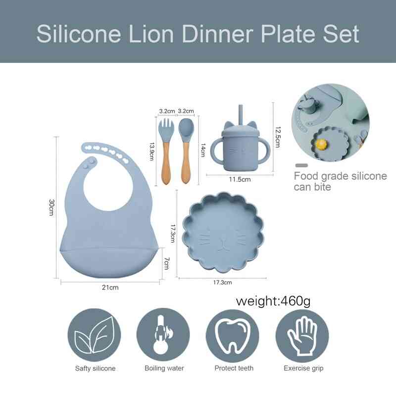 5 stk/sæt tegneserie løve baby silikone ske fodringsservice sæt vandtæt bord fødevarekvalitet silikone service baby service
