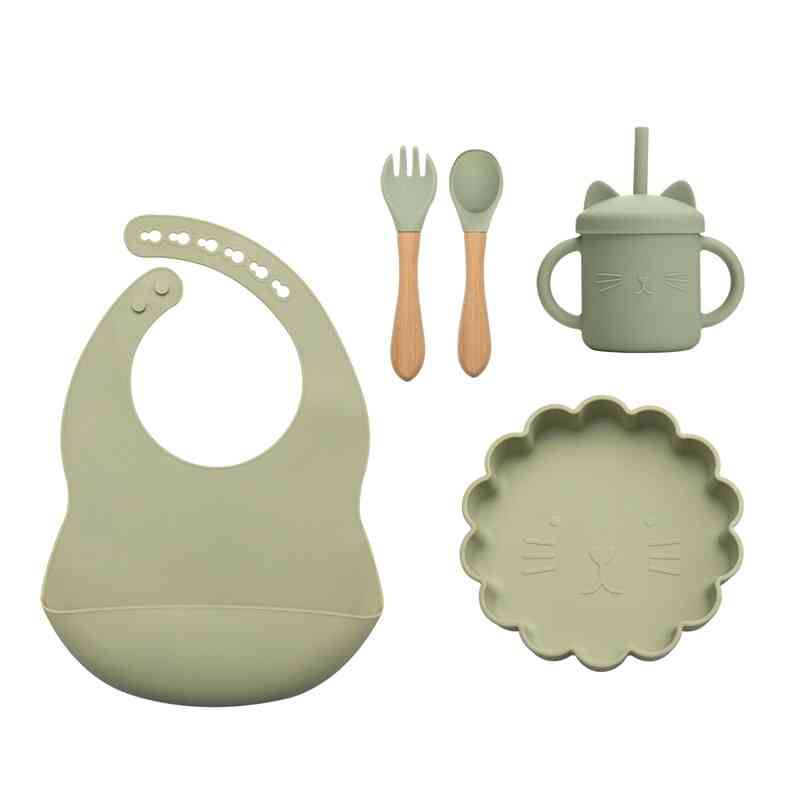 5pcs/set Of Cartoon Lion Baby Silicone Spoon Feeding Tableware Set Waterproof Board Food Grade Silicone Tableware Baby Tableware