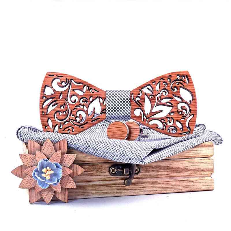 Floral Design Wooden Bowtie With Cufflinks
