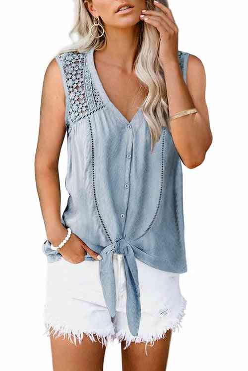 Lace Tie Front, Button V Neck Tank Top