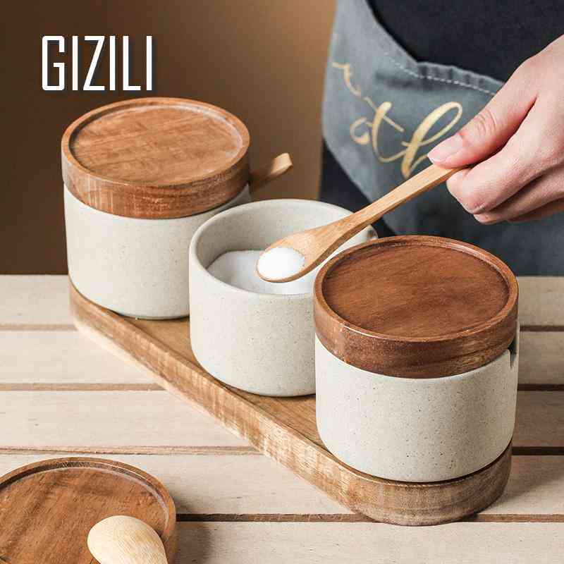 Ceramic Seasoning Jar With Wooden Lid And Spoon
