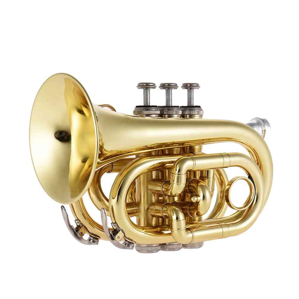 Pocket Trumpet, Tone Flat B Bb Brass, Wind Instrument With Mouthpiece, Gloves, Cloth Brush, Grease Hard Case