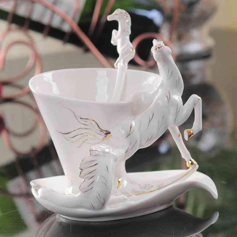 Horse Teacup With Saucer Spoon Set Ceramics Flower Tea Cup Thermal