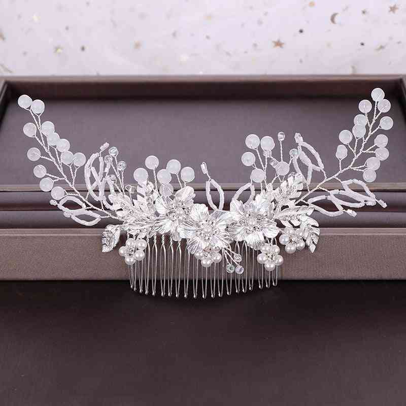 Wedding Pearl Hair Comb Tiara Silver Color Flower Bridal Head Ornaments Hair