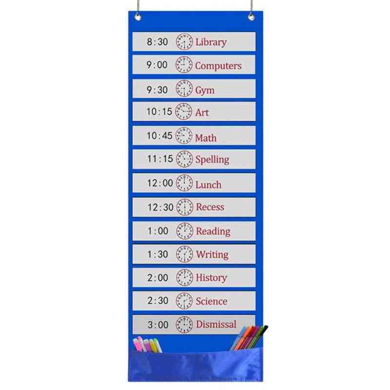 Classroom Pocket Chart 13+1 Pocket Daily Schedule Pocket Chart 26 Double-sided Reusable Dry-eraser Cards For Office