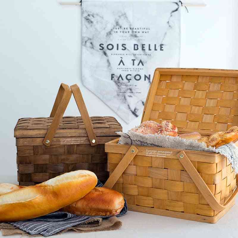 Woven Picnic Basket With Lid Cover Bakery Bread Hiking Storage Box