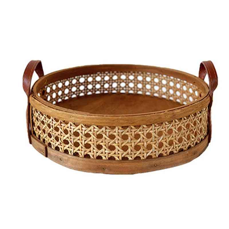 Rattan Woven Storage Basket Home Living Room Round Placing Tray For Fruit