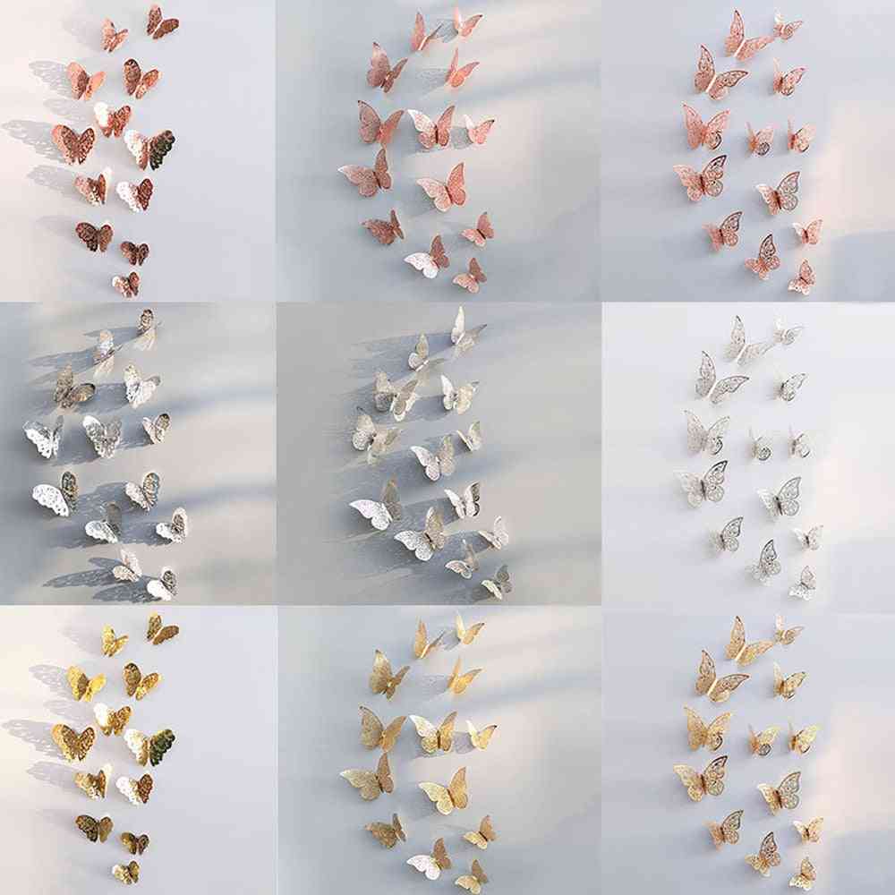 12pcs/set Hollow 3d Butterfly Wall Stickers For Wedding Decoration Living Room Window Home Decor Gold Silver Butterflies Decals
