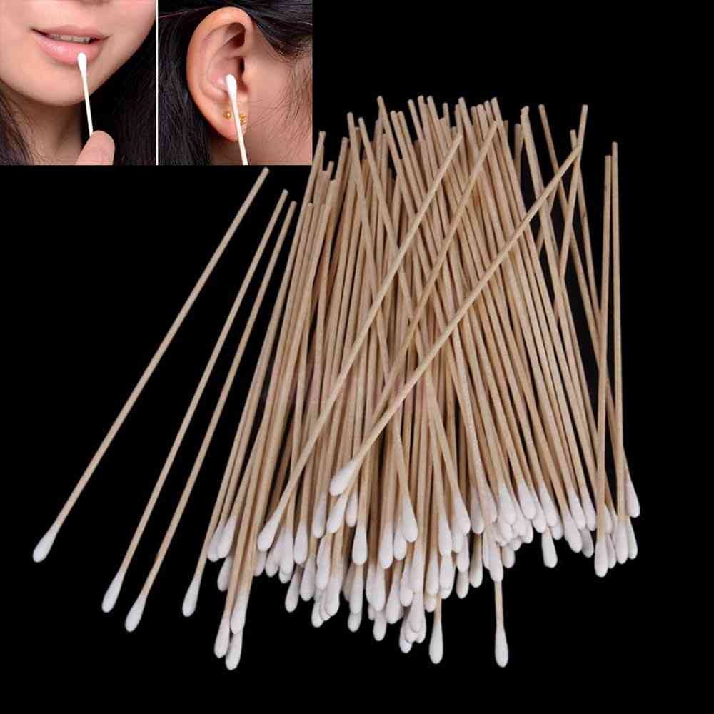 100pcs Long Wood Handle Cotton Swab Medical Swabs Ear Cleaning Cosmetic Wound Care Cotton Buds Sanitary Round Cotton Tip Swab