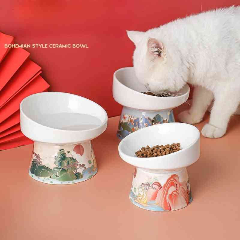 2 Sizes Ceramic Cat Bowl Feeder With Mat Raised Stand Bone China Cervical Protect Food Water Ceramic Bowl For Dog Pet Supplies