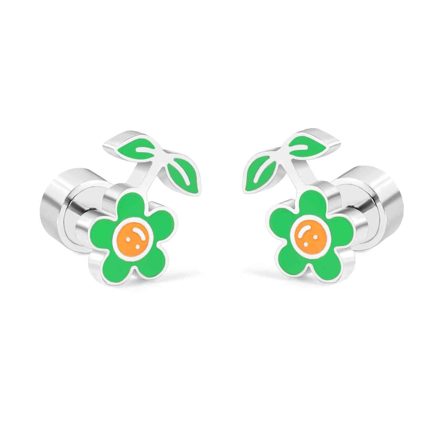 Stainless Steel Green Flower Leaf Cartoon Small Earrings For Girl